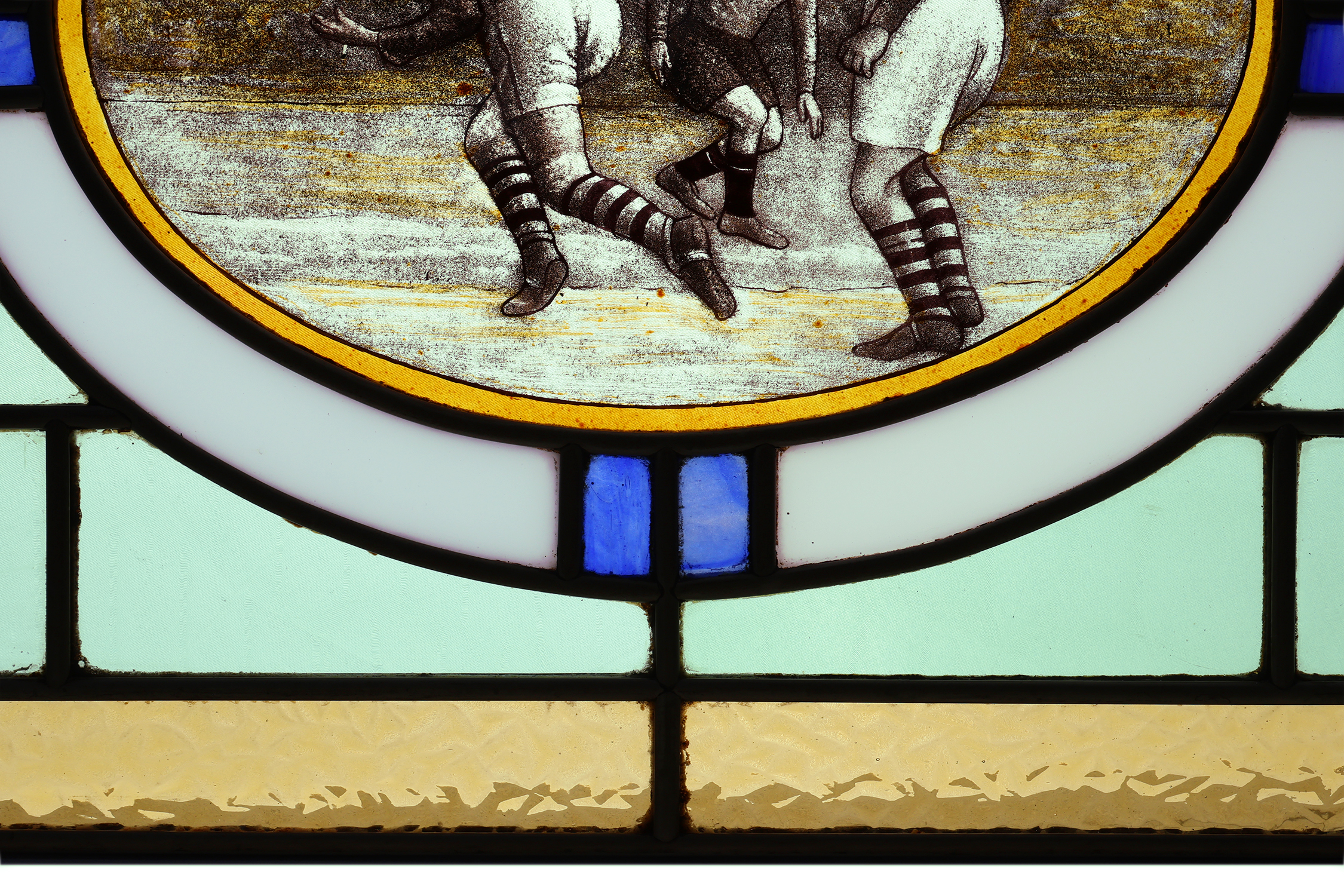 Art Deco Stained Glass Panel Depicting Early Football Scene, Belgium ca. 1910thumbnail